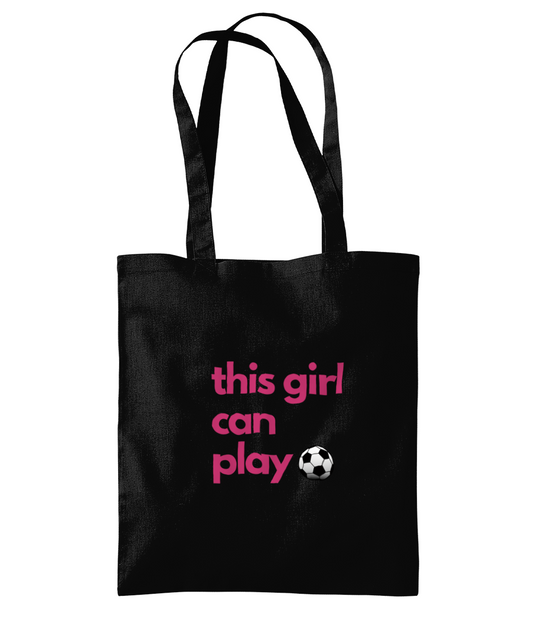 'She Can Play' black tote bag - perfect for girl footballers and football-obsessed girls, a stylish and practical accessory with plenty of room for all your footy gear and more. Show off your love for the game and make a statement with this eye-catching bag